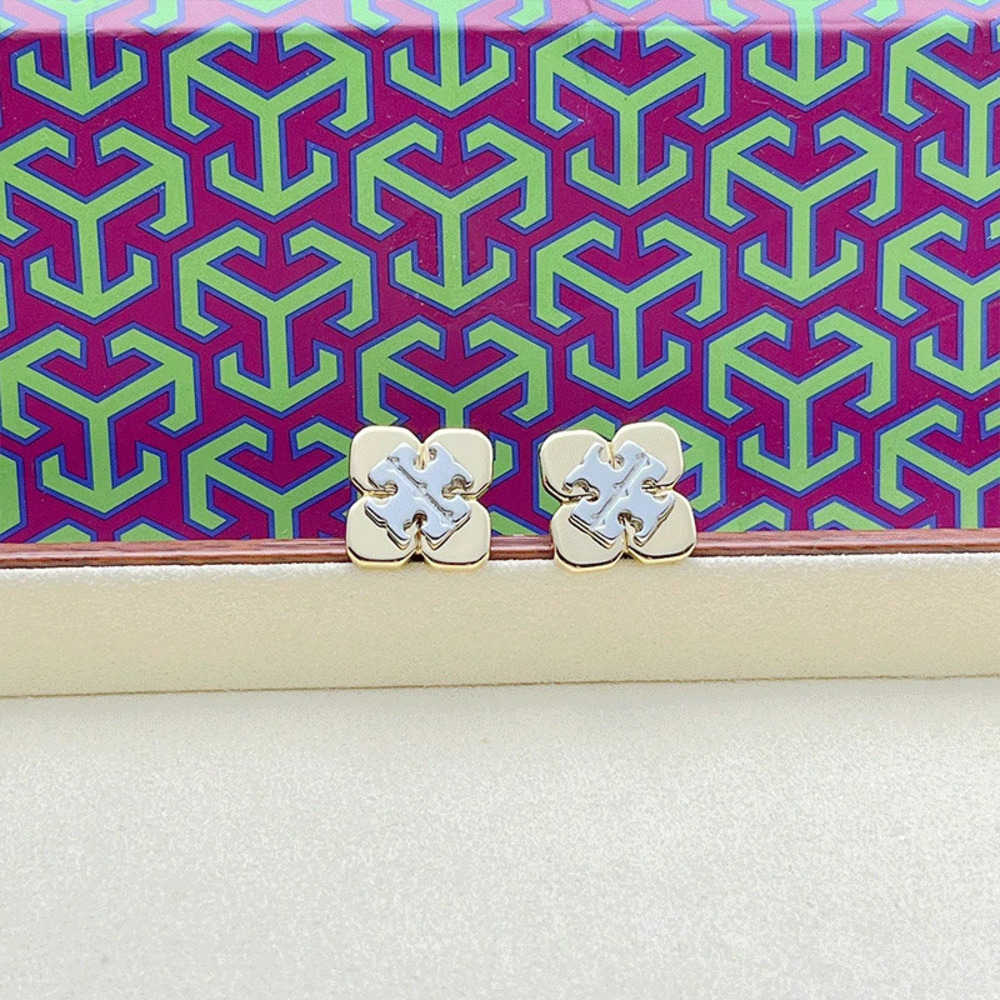 Tory Burch Vintage Four Leaf Clover Two Tone Letter Earrings